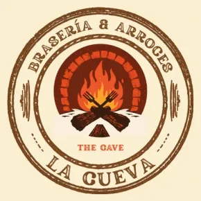 Logotipo de Braser&iacute;a & Arroces La Cueva, con un fuego y herramientas cruzadas dentro de un arco de ladrillo.