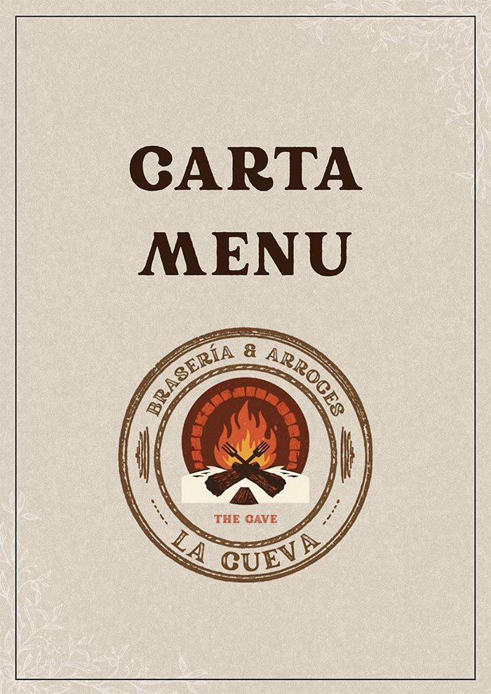 Menú de color beige con la inscripción en negrita “CARTA MENU” y el logotipo redondo del restaurante “La Cueva”.