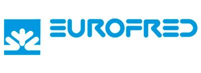 El logotipo de eurofred es azul y blanco y tiene una hoja.