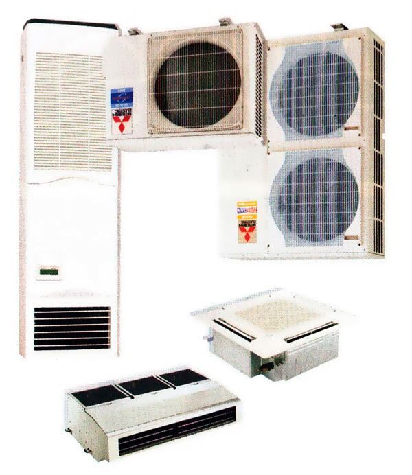 Se muestran tres tipos diferentes de acondicionadores de aire sobre un fondo blanco.