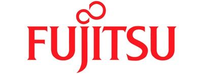 El logotipo de Fujitsu es rojo y blanco sobre un fondo blanco.