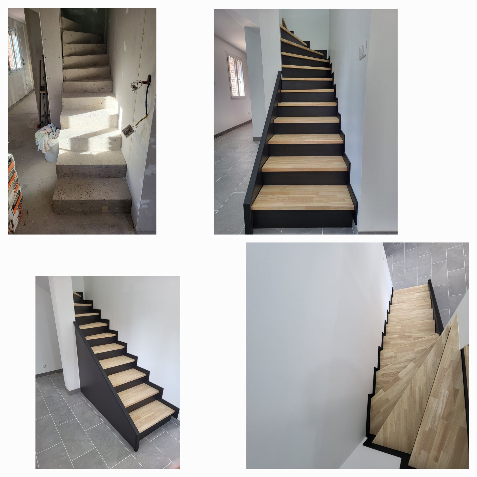 Quatre vues d'un escalier en bois, marches brunes, cadre noir, sur fond de murs blancs, et sous différents angles.