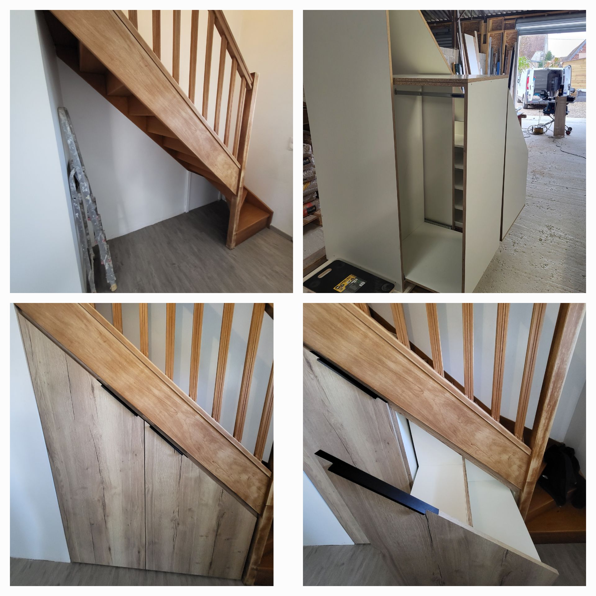 Quatre images : construction d’un escalier en bois. Des panneaux sont ajoutés sous les marches. Atelier avec une camionnette garée à l’extérieur.