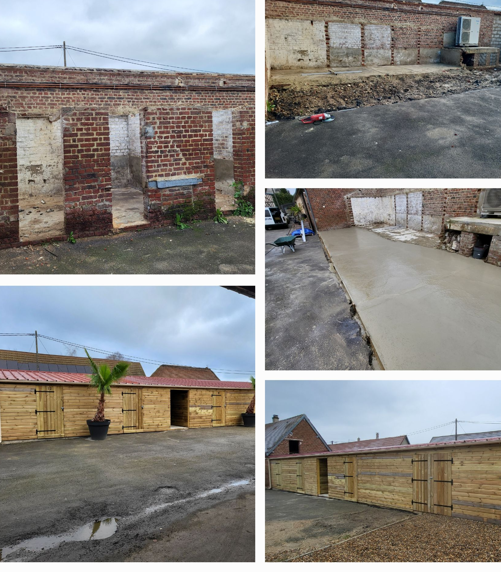 Bâtiment en briques rénové, transformé en façade en bois ; travaux de bétonnage en cours.