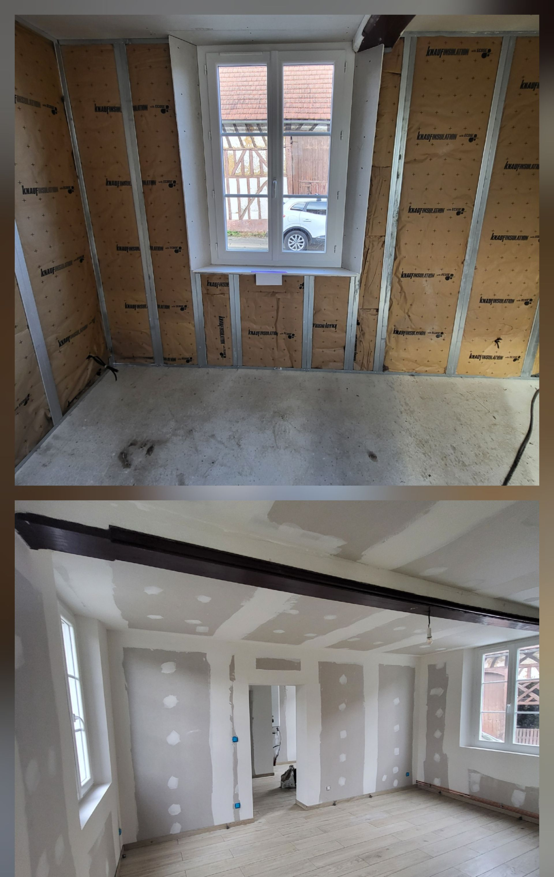 Deux photos : rénovation de la pièce avant et après. Murs et encadrements de fenêtres nus, puis finitions avec murs blancs, fenêtres et poutre en bois.