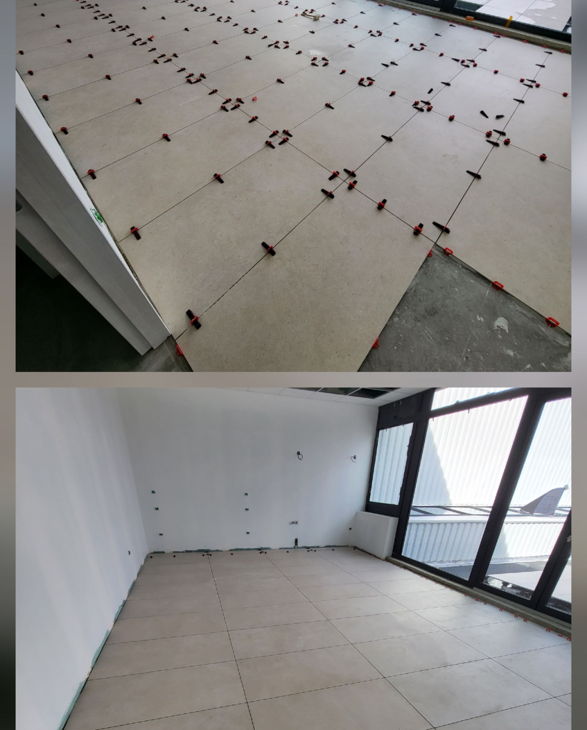 En haut : Pose de carrelage sur un sol nivelé. En bas : Pièce carrelée avec fenêtre.