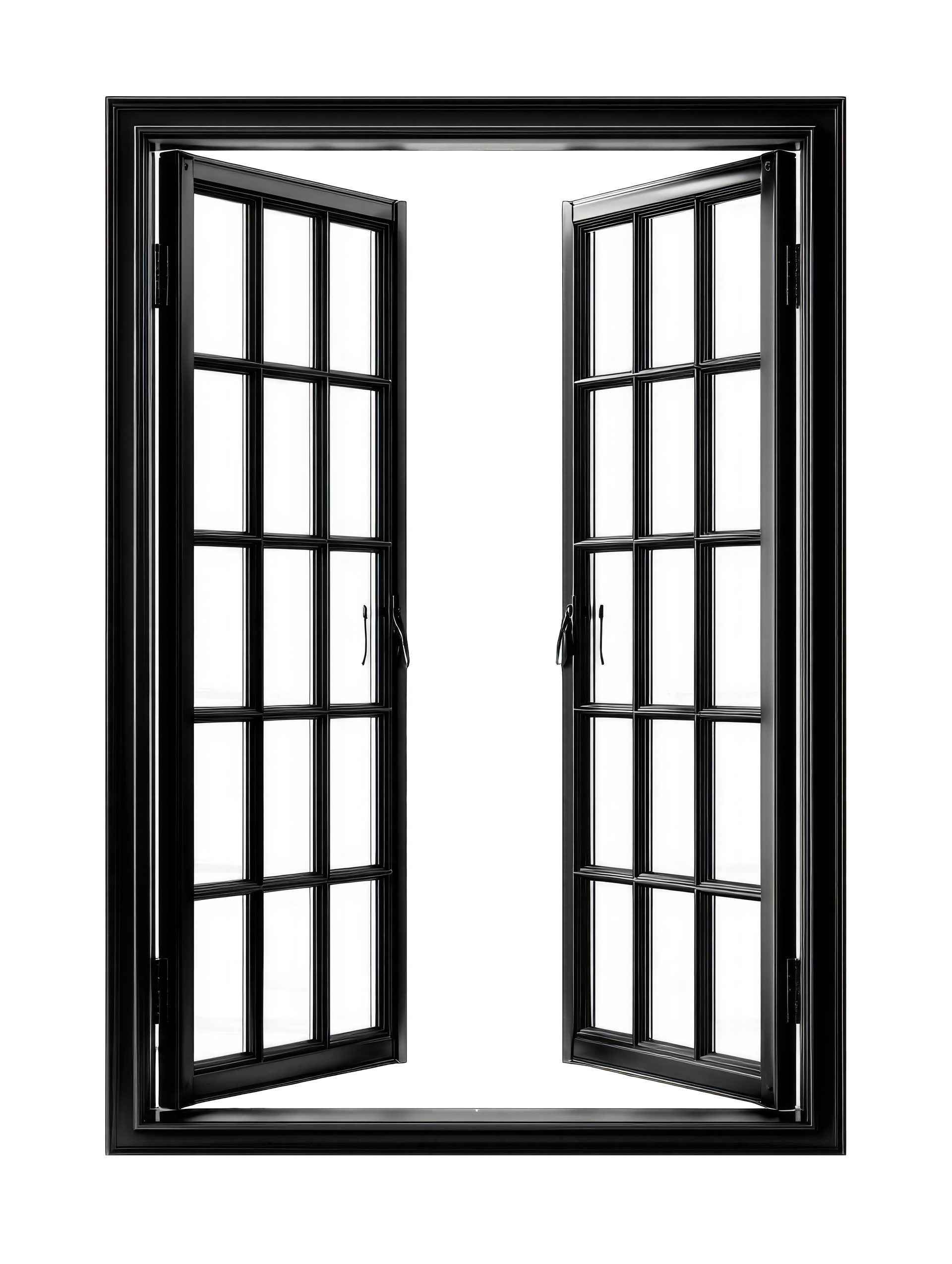 Fenêtre double noire ouverte à carreaux quadrillés, sur fond blanc.
