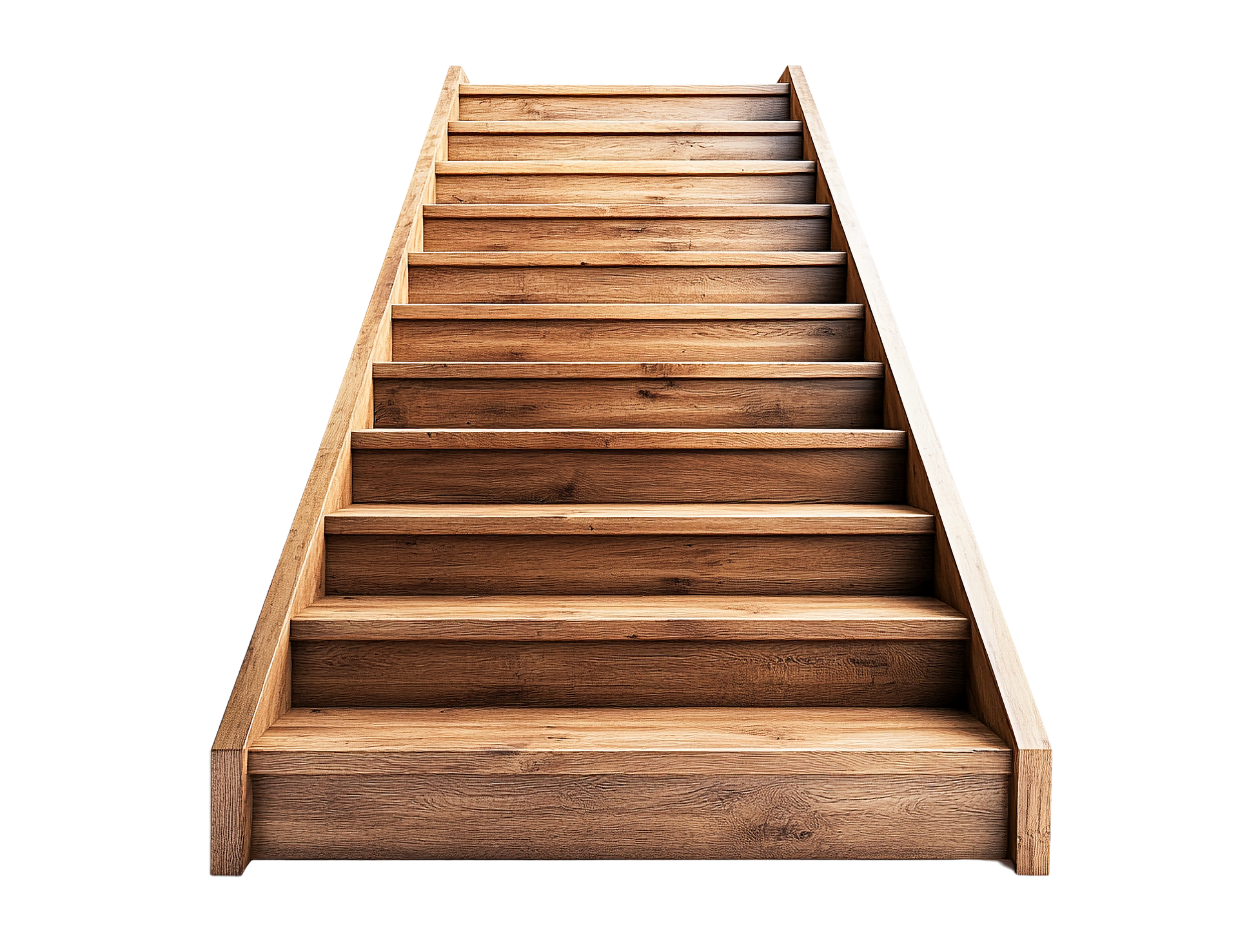 Escalier en bois, vue vers le haut, bois brun, marches montantes.