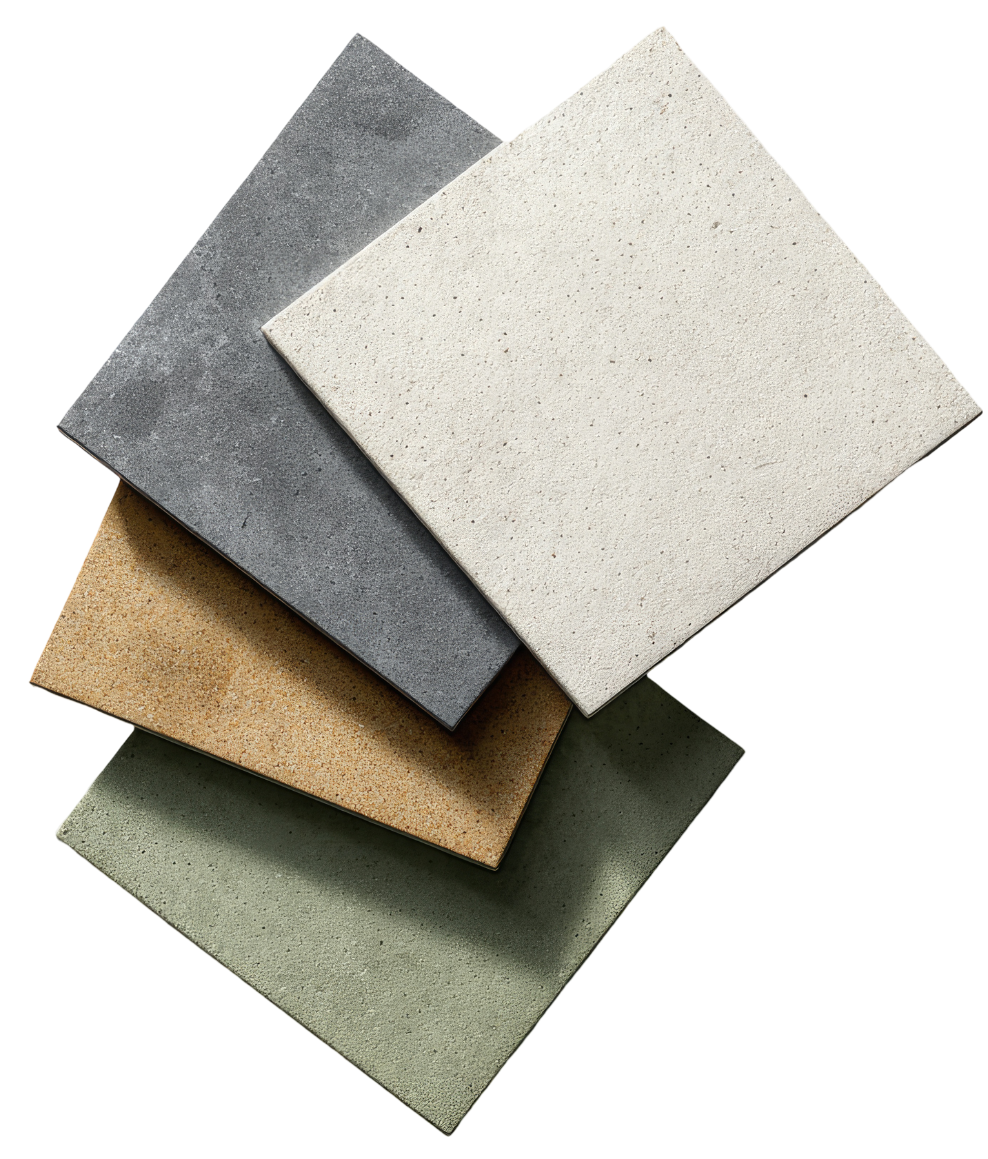 Cinq carreaux carrés dans différentes nuances de gris, de beige et de vert, disposés selon un motif légèrement superposé.