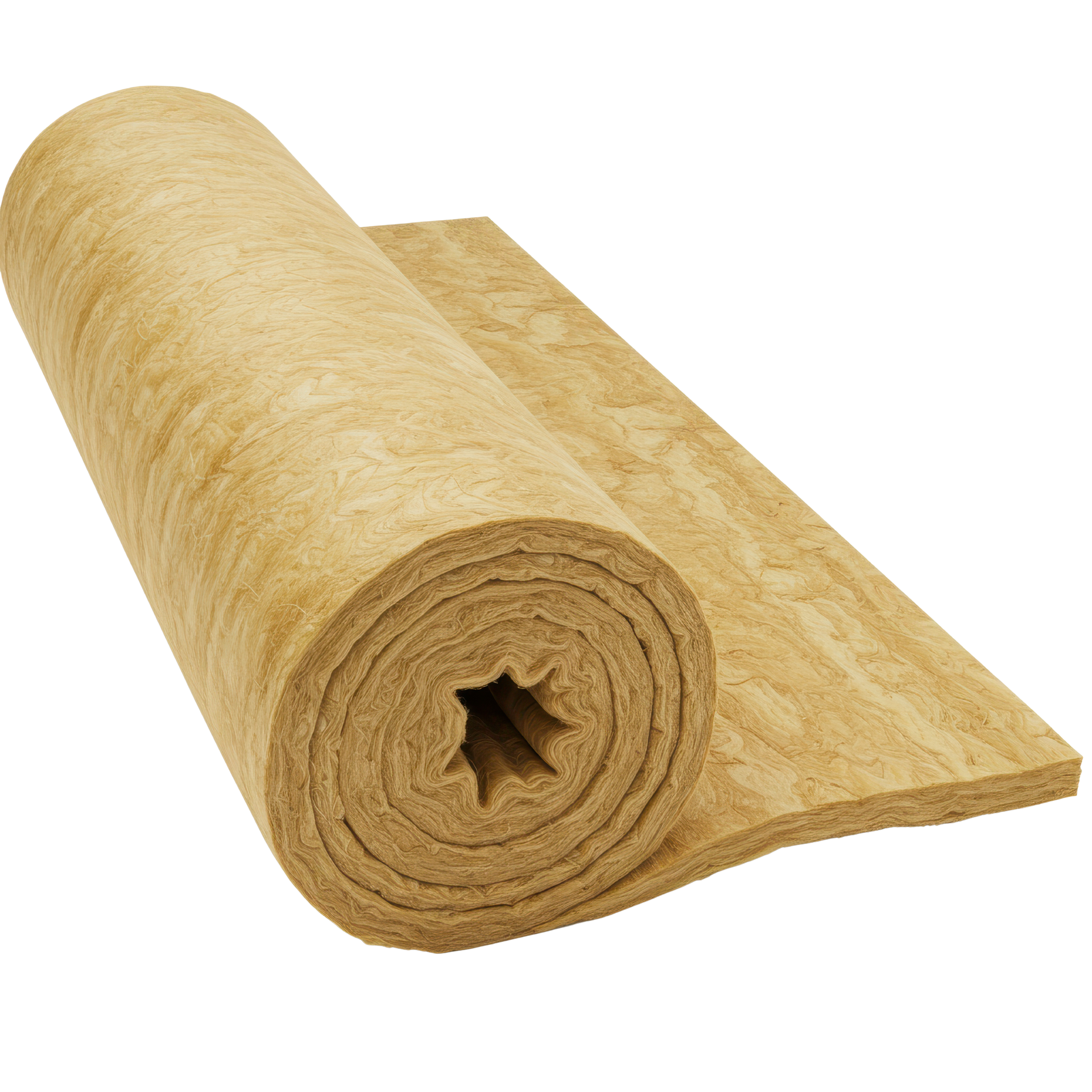 Matériau isolant beige enroulé, légèrement déroulé pour en montrer l'intérieur.