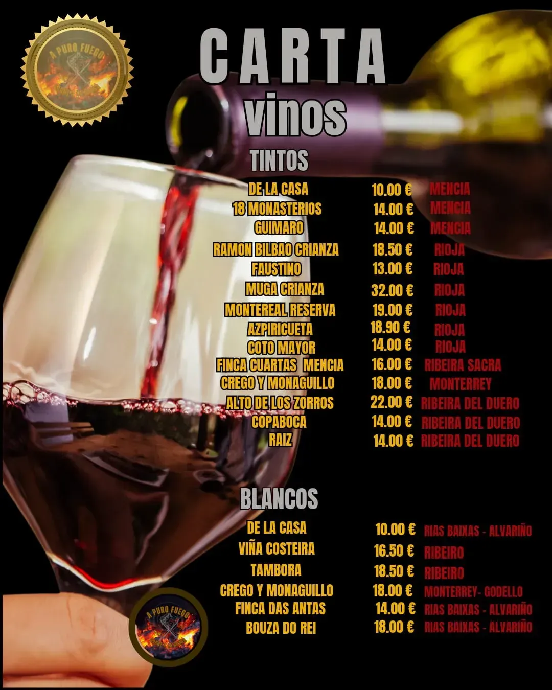 Carta de vinos con vinos tintos y blancos sobre un fondo borroso de copa y botella.