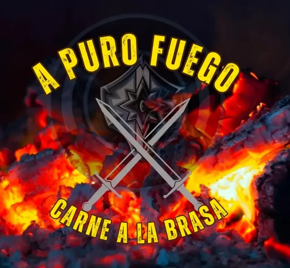Logo con cuchillos cruzados sobre brasas y llamas, con el texto &ldquo;A puro fuego&rdquo; y &ldquo;Carne a la brasa&rdquo;.