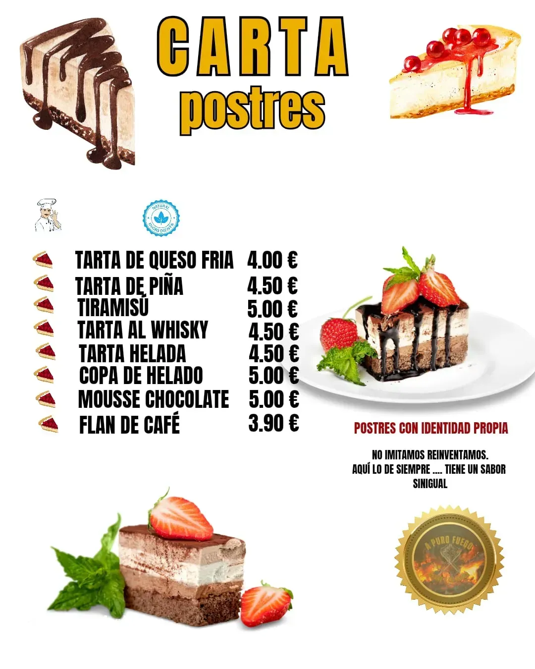Poster de carta de postres con fotos de tartas y precios en español.
