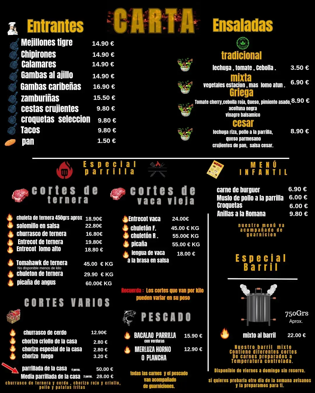 Menú de un restaurante español con fondo oscuro y texto amarillo que enumera entrantes, ensaladas, carnes, pescados y platos especiales.