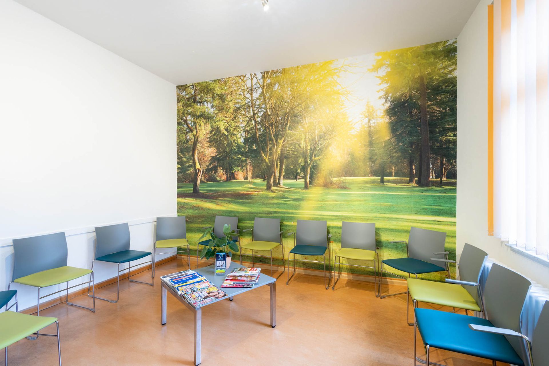 Ein Wartezimmer mit einem Bild eines Parks an der Wand.
