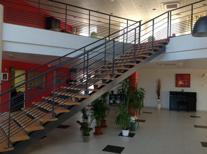 Hall d'entrée moderne avec escalier, plantes en pot et murs rouges.