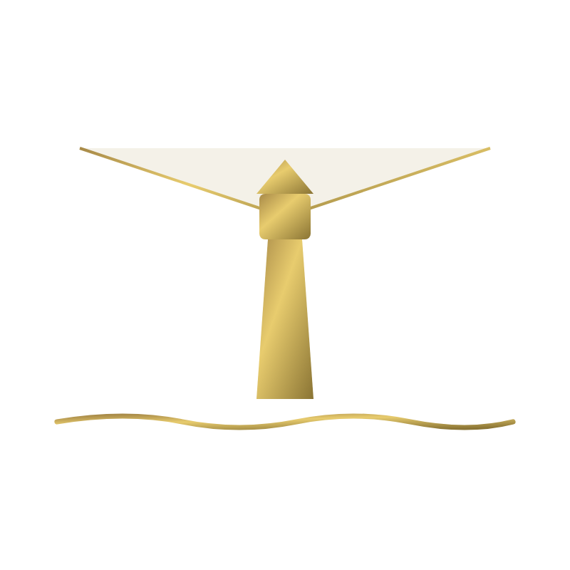 Gold lighthouse icon above a wavy line on a white background