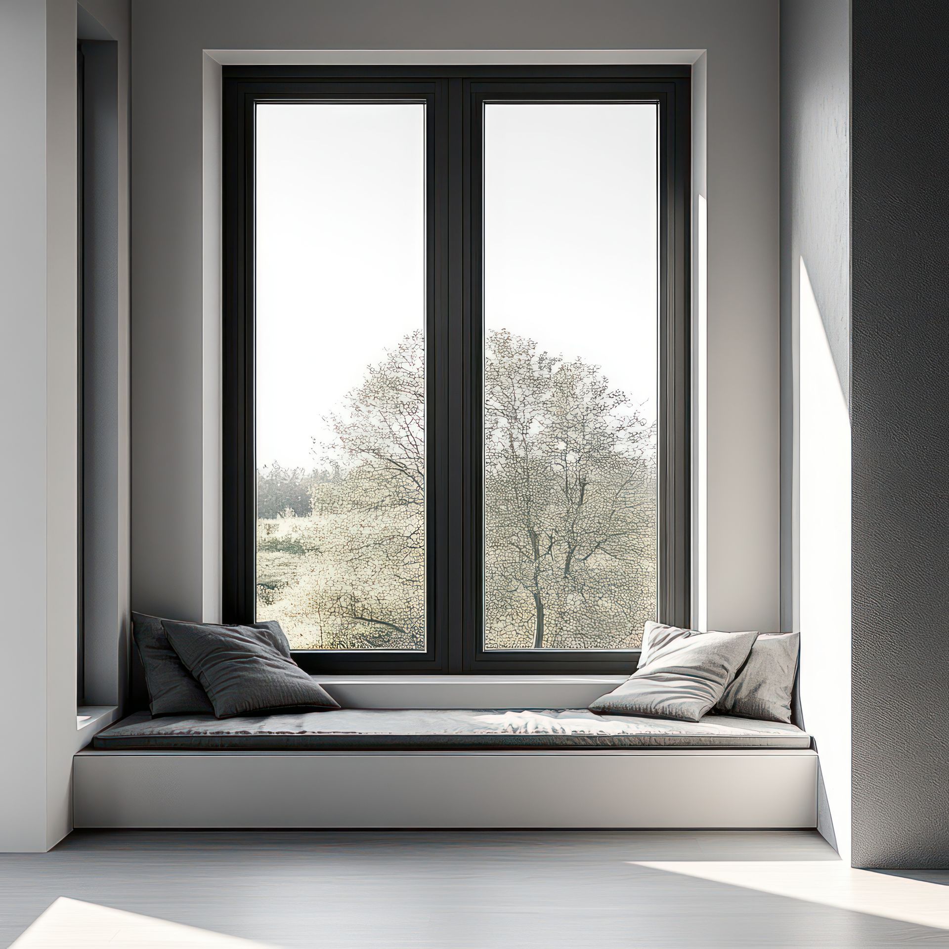 Banquette près de la fenêtre avec coussins gris, face à un arbre. Cadre foncé, murs blancs.