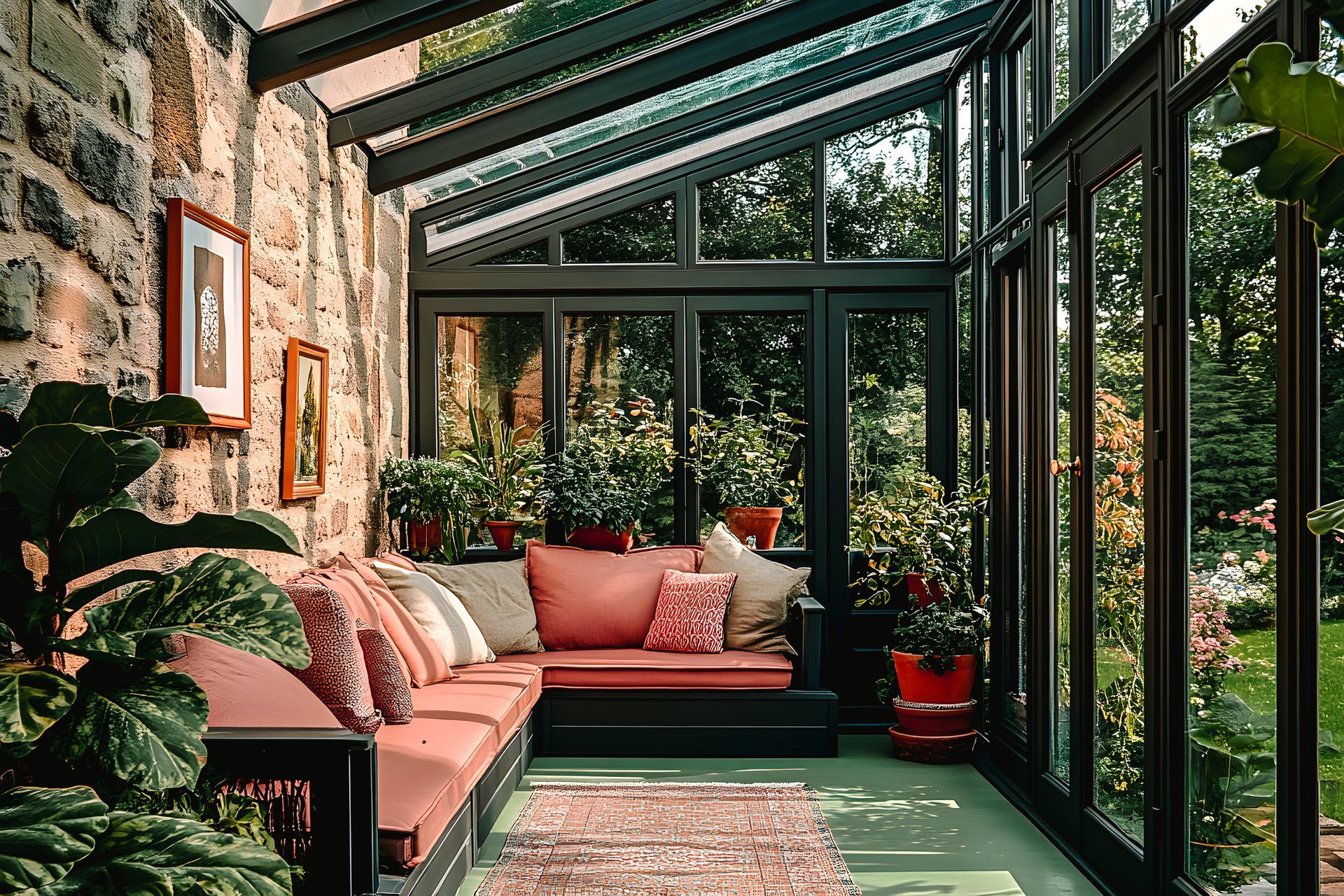 Véranda avec mur en pierre et fenêtres à cadre sombre, remplie de plantes et d'un coin salon avec coussins en corail.