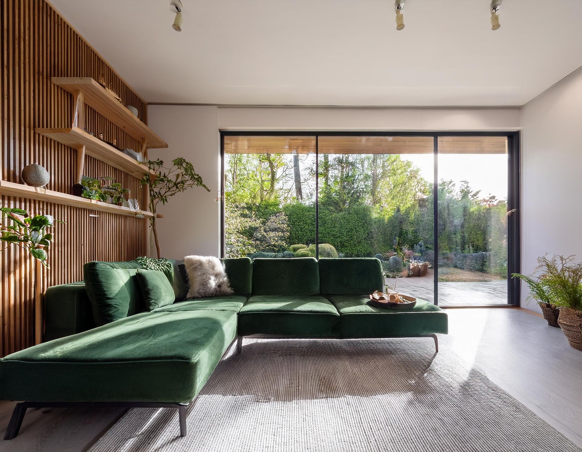 Canapé d'angle vert dans un salon moderne avec un mur en bois et une grande fenêtre donnant sur un jardin.