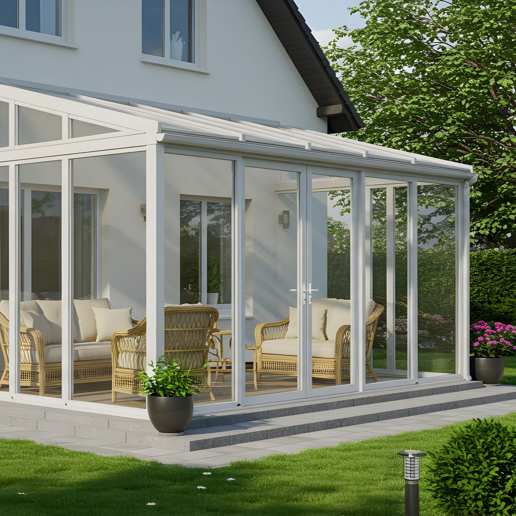 Véranda attenante à une maison blanche, aménagée avec des sièges et des plantes. Elle est entourée de pelouse et d'arbres.