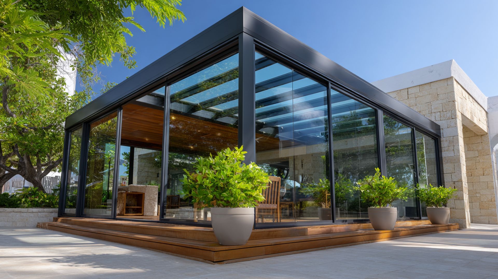 Bâtiment moderne aux parois de verre, avec une terrasse en bois et des plantes en pot, se détachant sur un ciel bleu.