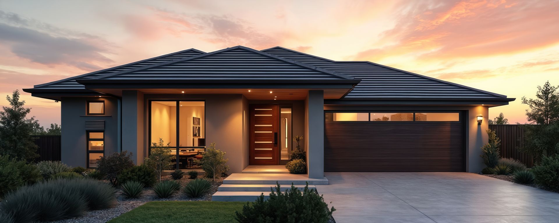 Maison grise moderne avec porte et garage marron, se détachant sur un coucher de soleil aux teintes orangées et violettes.