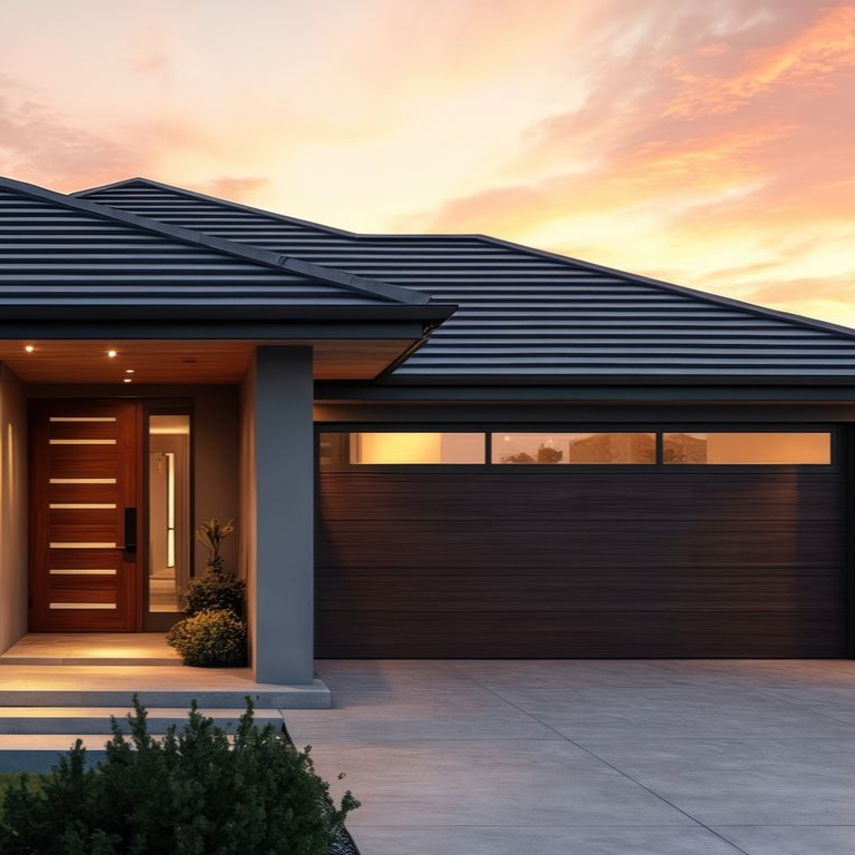 Extérieur de maison moderne avec porte en bois, garage et ciel de coucher de soleil.