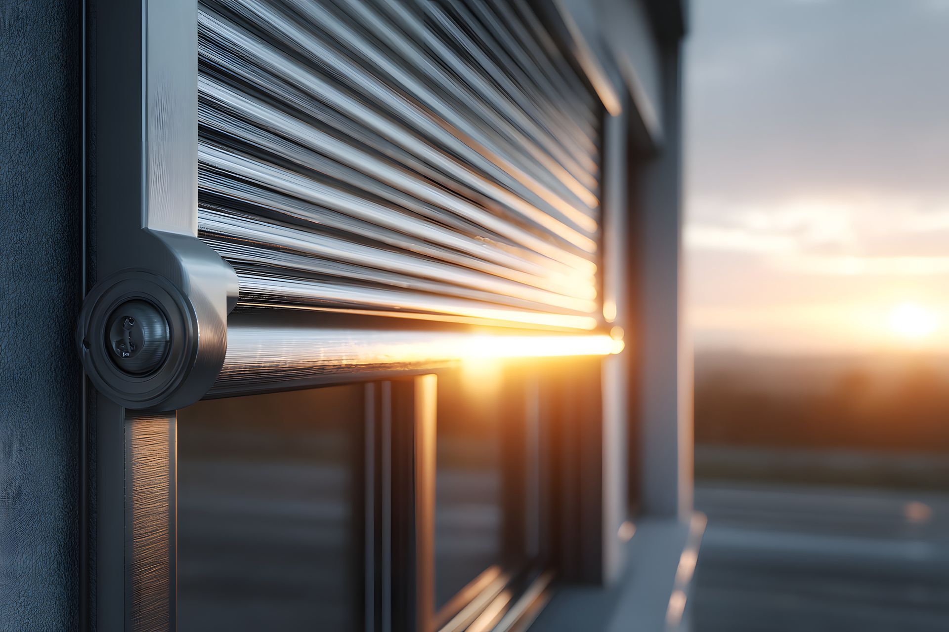 Gros plan sur un volet de sécurité argenté réfléchissant, partiellement abaissé, sur une fenêtre avec un coucher de soleil.