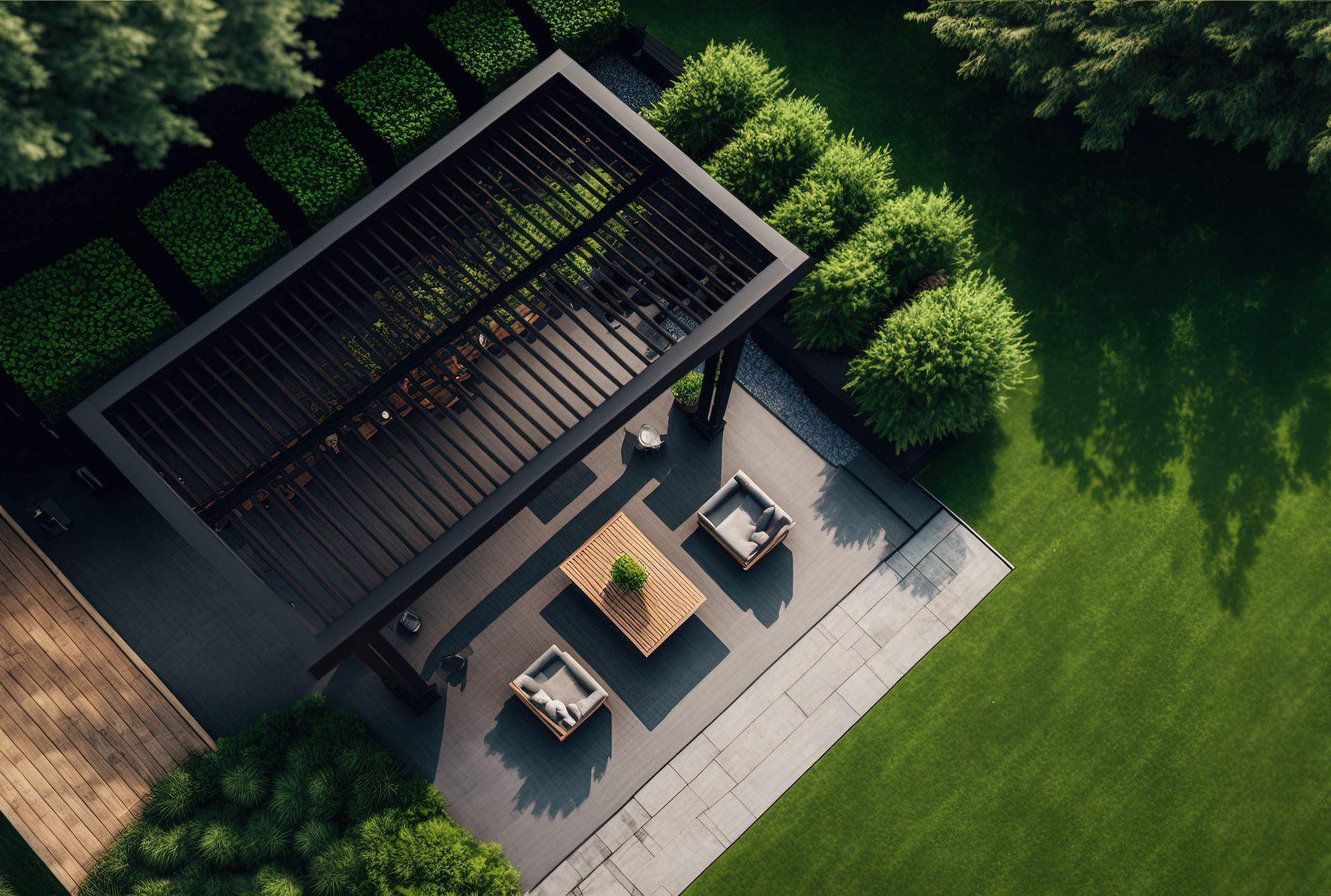 Vue aérienne d'un patio moderne avec pergola, mobilier de jardin et aménagement paysager soigné.