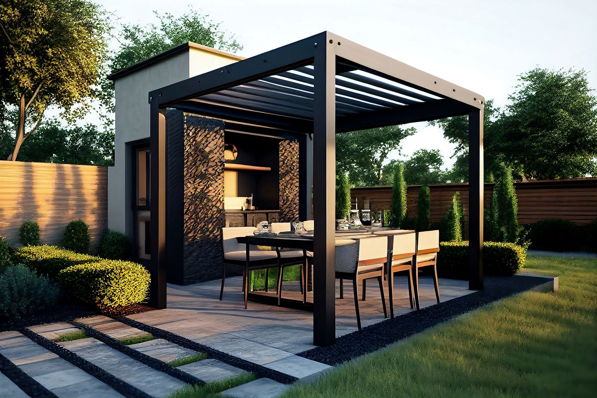 Un espace repas extérieur avec une pergola noire, une table et des chaises. Une petite structure abrite un barbecue.