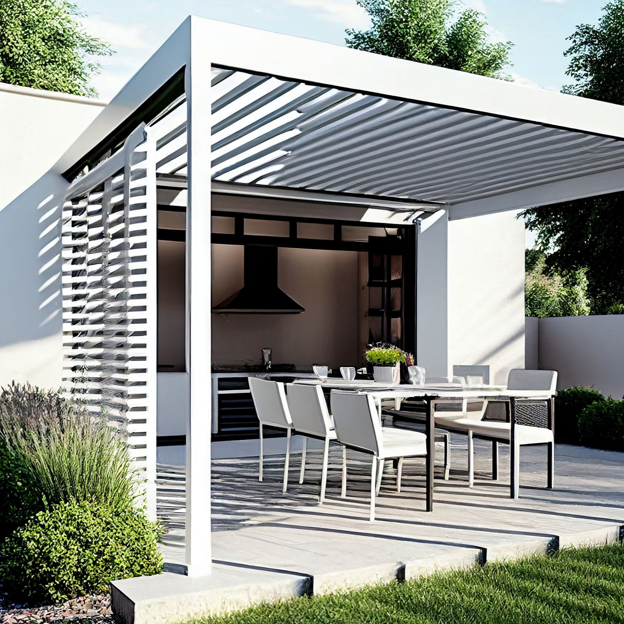 Cuisine extérieure avec pergola blanche, table à manger, chaises et appareils électroménagers.