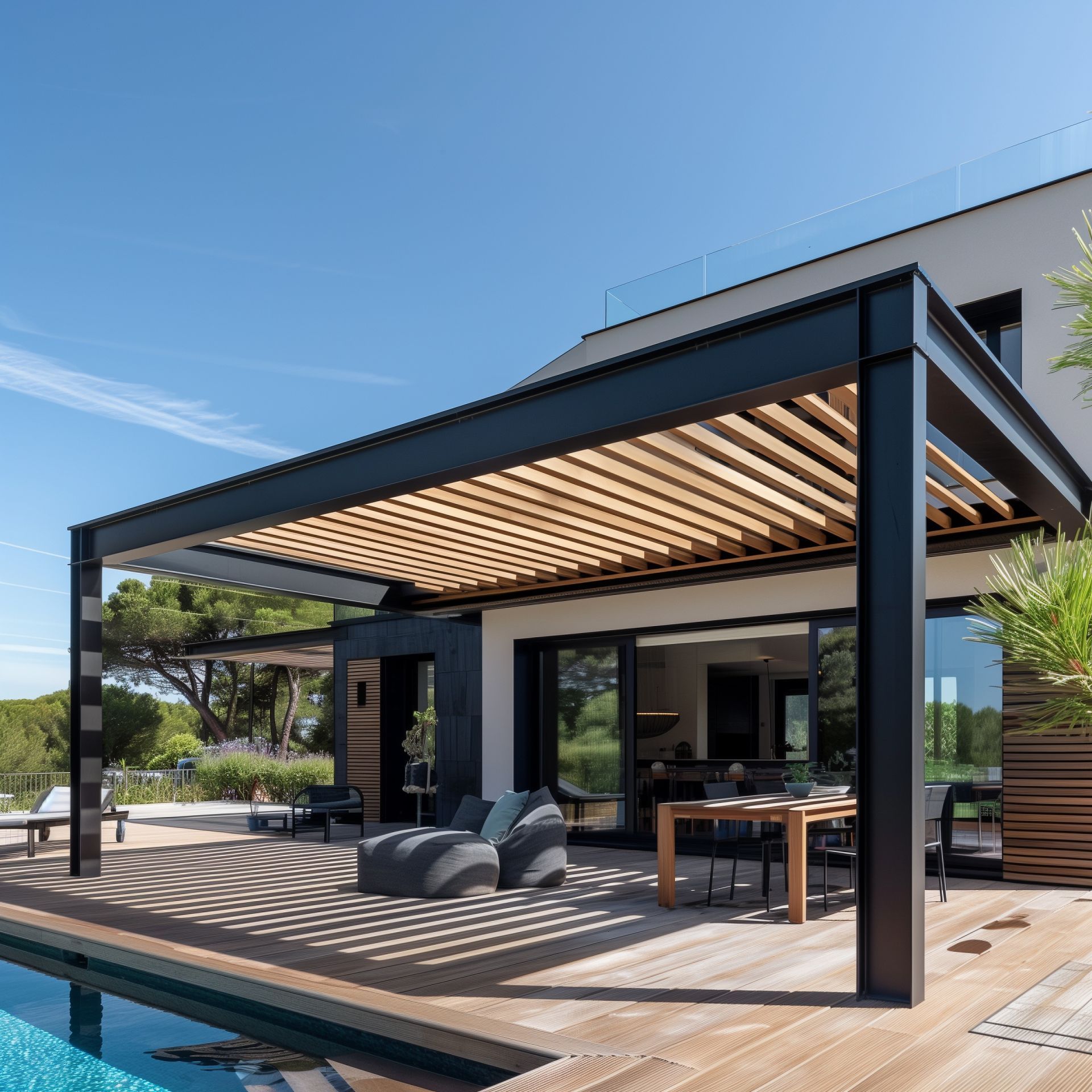 Pergola noire moderne au-dessus d'une terrasse en bois près de la piscine. Maison avec portes vitrées. Ciel bleu ensoleillé.