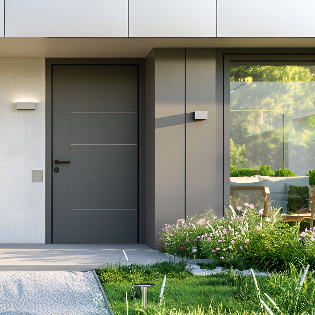 Porte d'entrée moderne grise à trois panneaux horizontaux, située à côté d'une grande fenêtre et d'un parterre de fleurs.