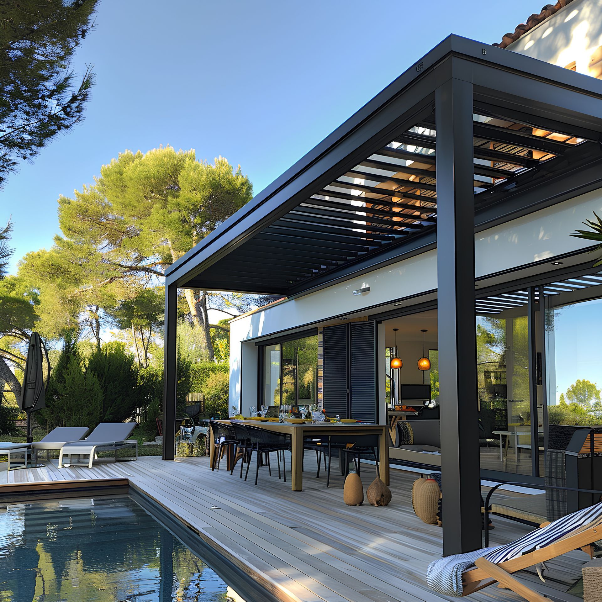 Une maison moderne avec une pergola surplombant une terrasse en bois, donnant sur une piscine et des arbres.