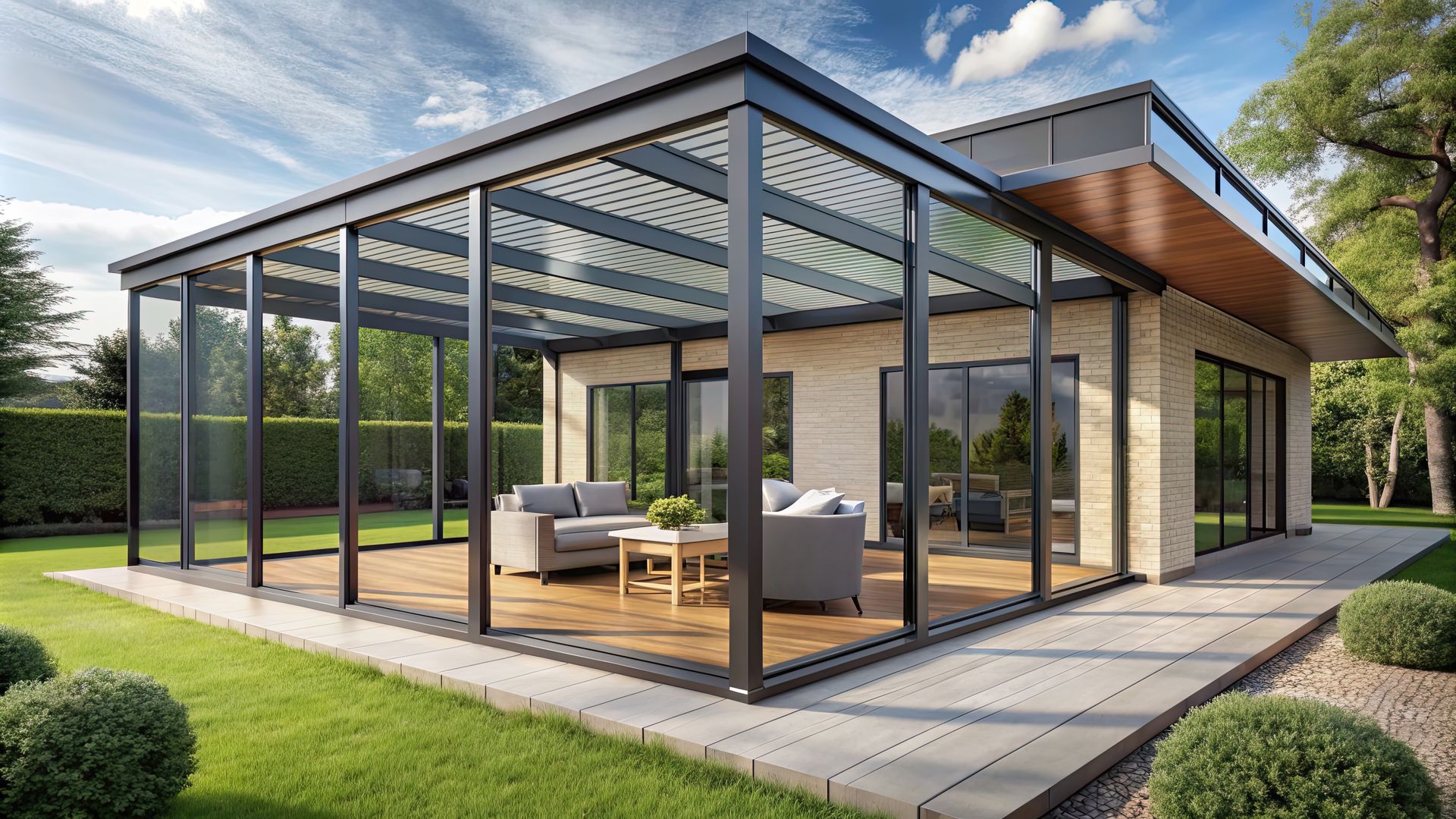 Véranda moderne aux parois de verre et aux cadres noirs, reliée à un bâtiment en briques beiges avec des sièges extérieurs.