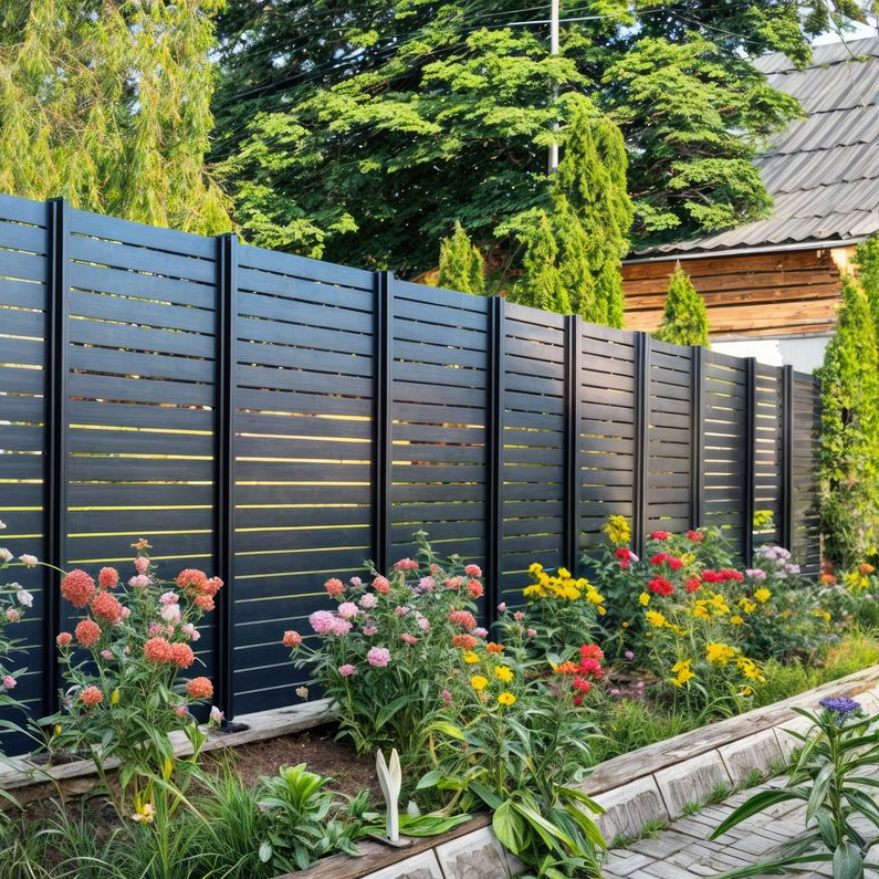 Clôture à lattes horizontales noires avec des fleurs colorées dans un parterre de jardin.