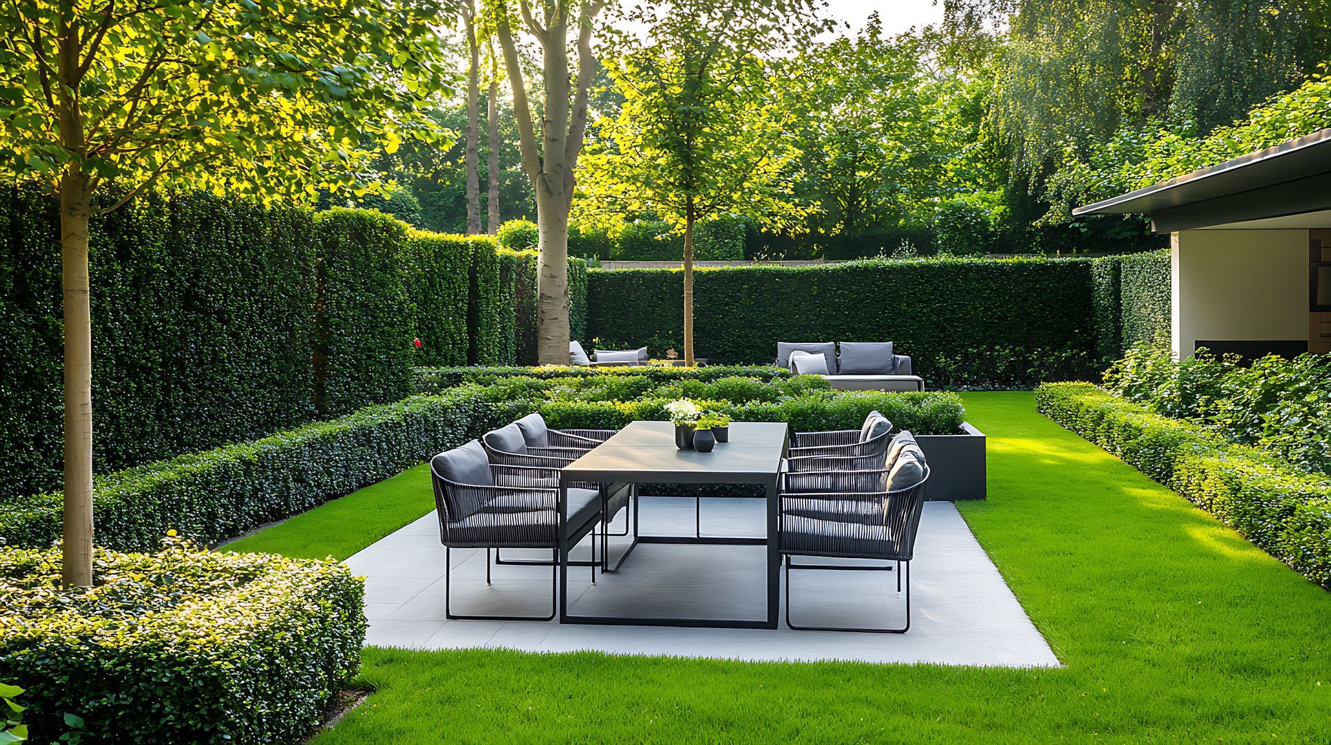 Un jardin moderne et soigné, avec un ensemble de salle à manger sur une terrasse, entouré de haies et d'arbres.