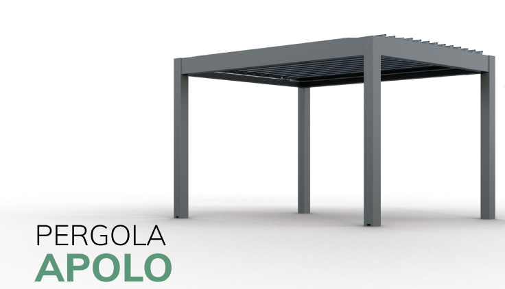 Pergola grise à supports carrés et toit à lattes. Inscription PERGOLA APOLO en bas à gauche.