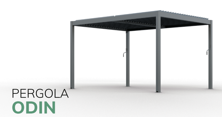 Pergola Odin grise avec toit à fentes sur fond blanc.