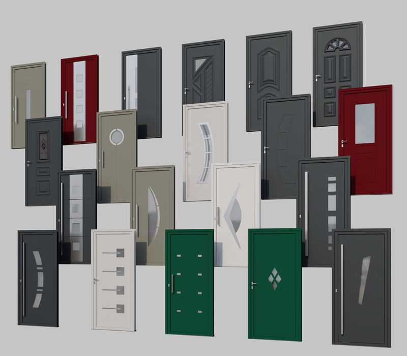 Collection de portes extérieures de couleurs variées avec différents modèles de fenêtres et de panneaux.
