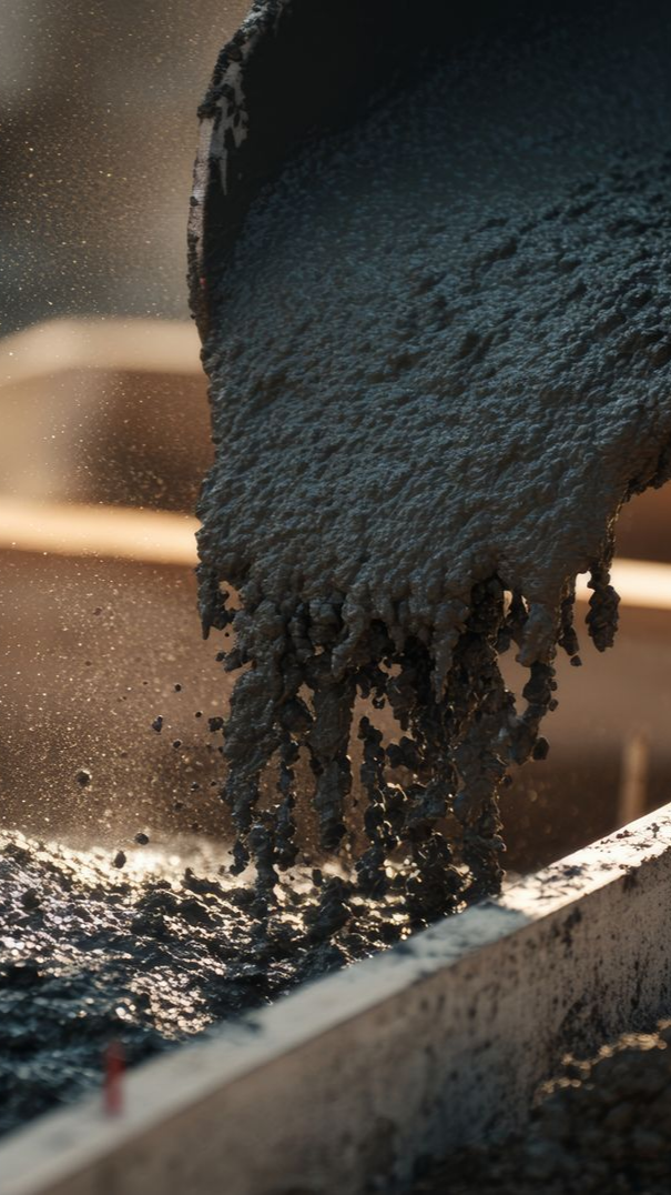 Coulage du béton frais dans un coffrage en bois.