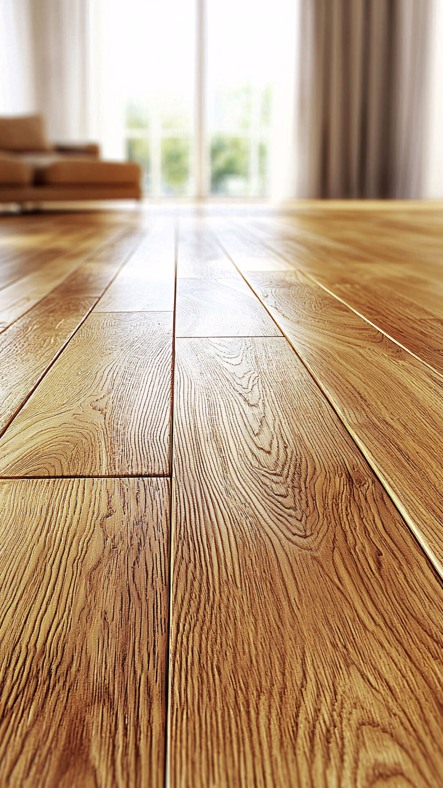 Plancher en bois, gros plan, perspective vers une fenêtre floue et un canapé.
