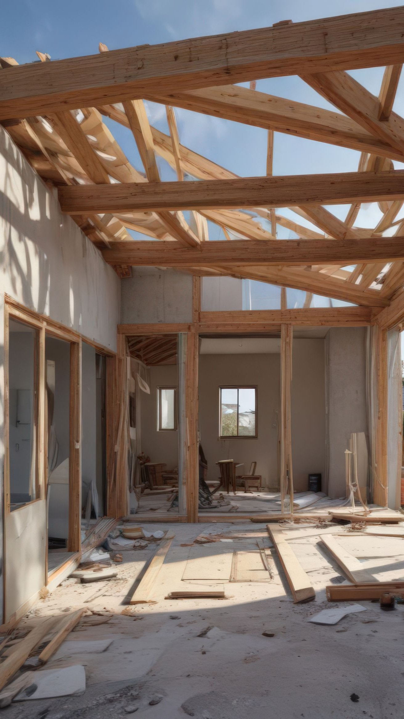 Intérieur d'un bâtiment en construction. Poutres en bois et murs inachevés, débris au sol, espace baigné de soleil.