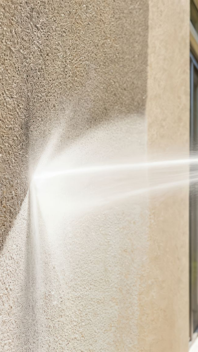 Nettoyage à haute pression d'un mur extérieur beige texturé.