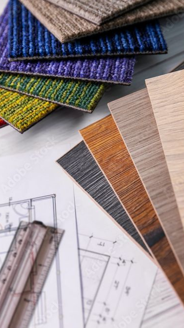 Échantillons de revêtements de sol de différentes couleurs, y compris de la moquette et du bois, disposés avec des plans et une règle.