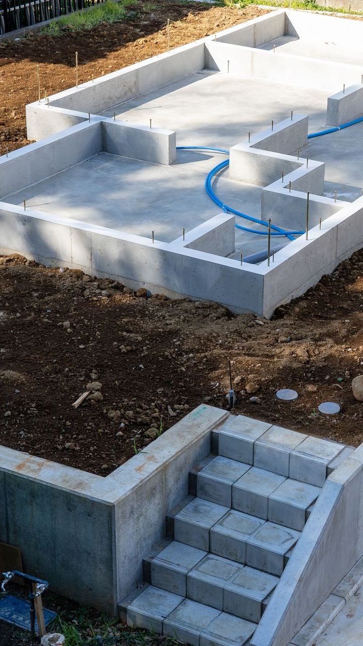 Fondations en béton d'un bâtiment en construction, avec des marches descendantes et un tuyau bleu visible.