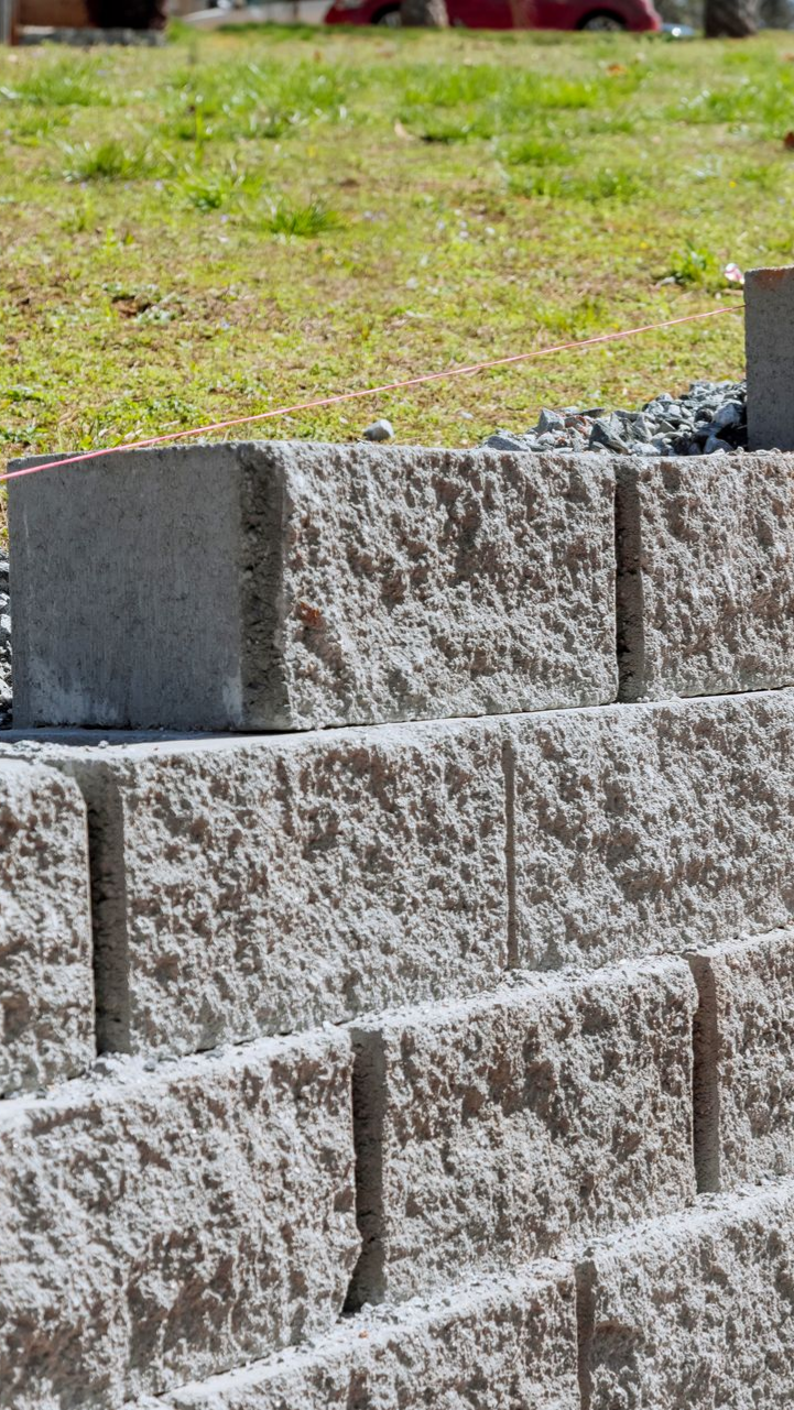 Mur de soutènement en pierre avec une colline herbeuse en arrière-plan.