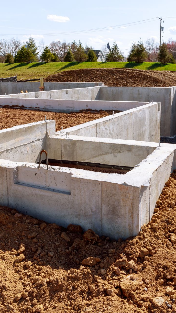 Murs de fondations en béton sur un chantier de construction, entourés de terre, dans un cadre extérieur ensoleillé.