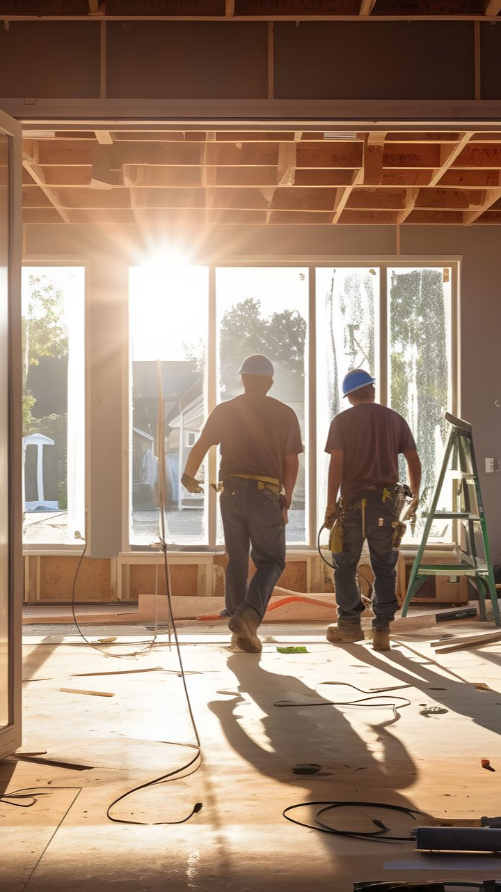 Immeuble en construction, éclairés par la lumière du soleil filtrant à travers de grandes fenêtres.